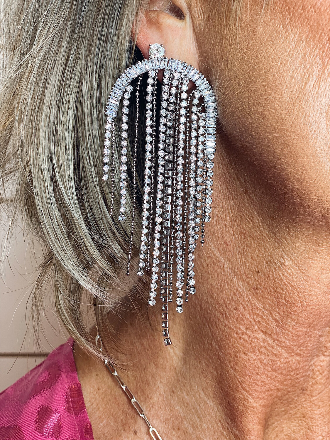 Silver Jeweled Long Dangle Earrings