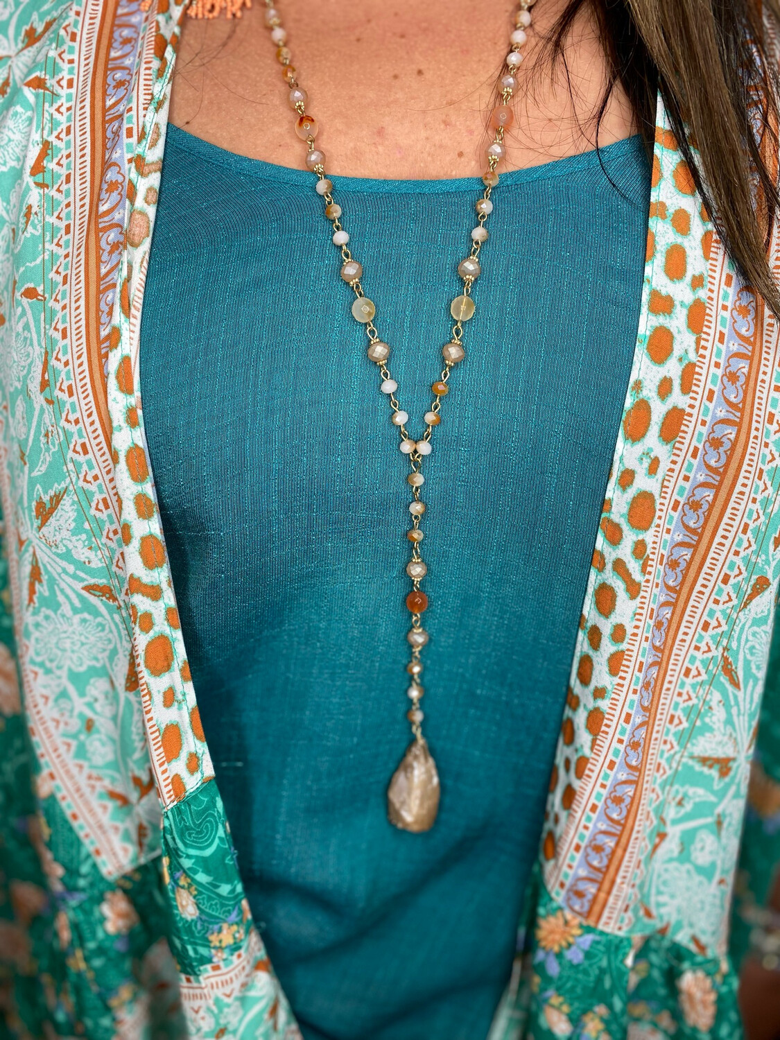 Amber Beaded Long Druzy Necklace 
