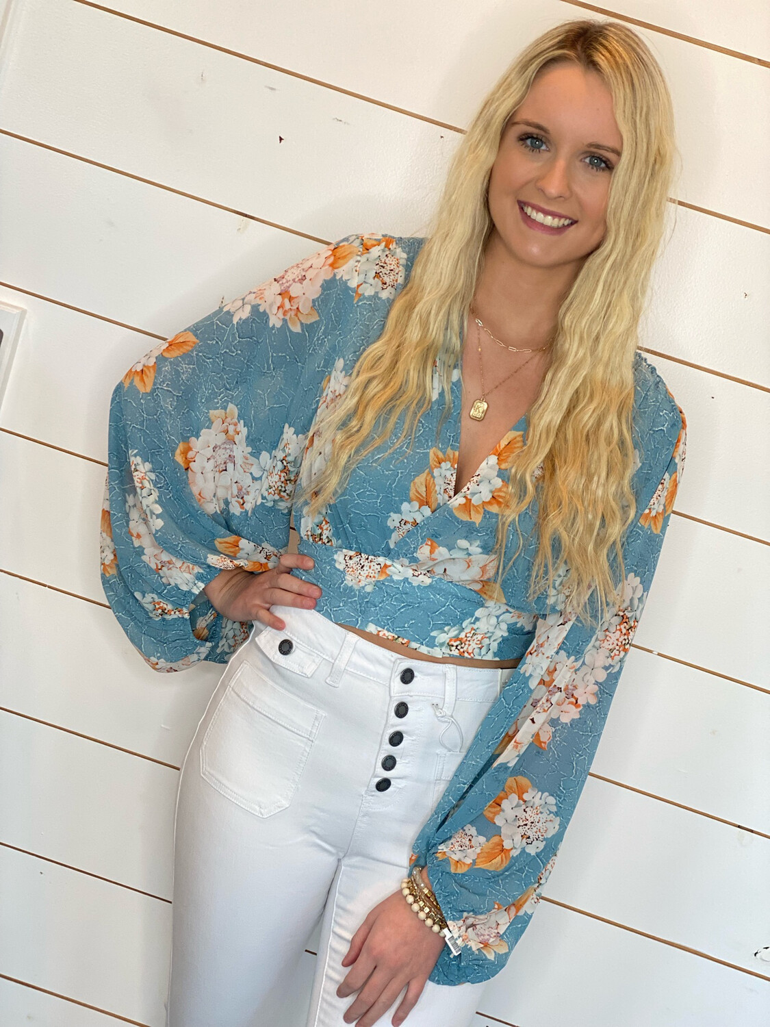 Blue Cropped Long Sleeve Blouse