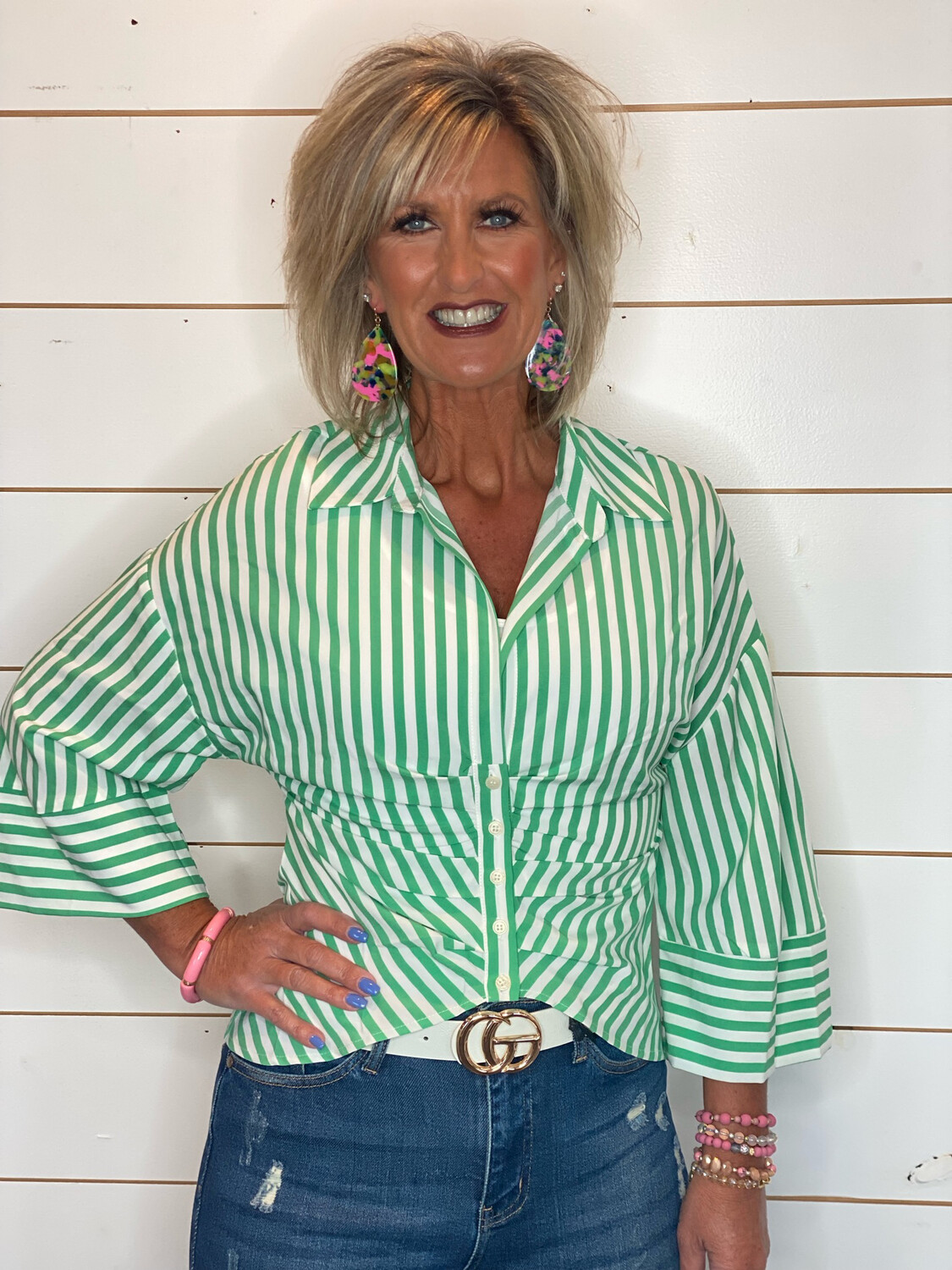 Kelly Green Striped Button Front Top