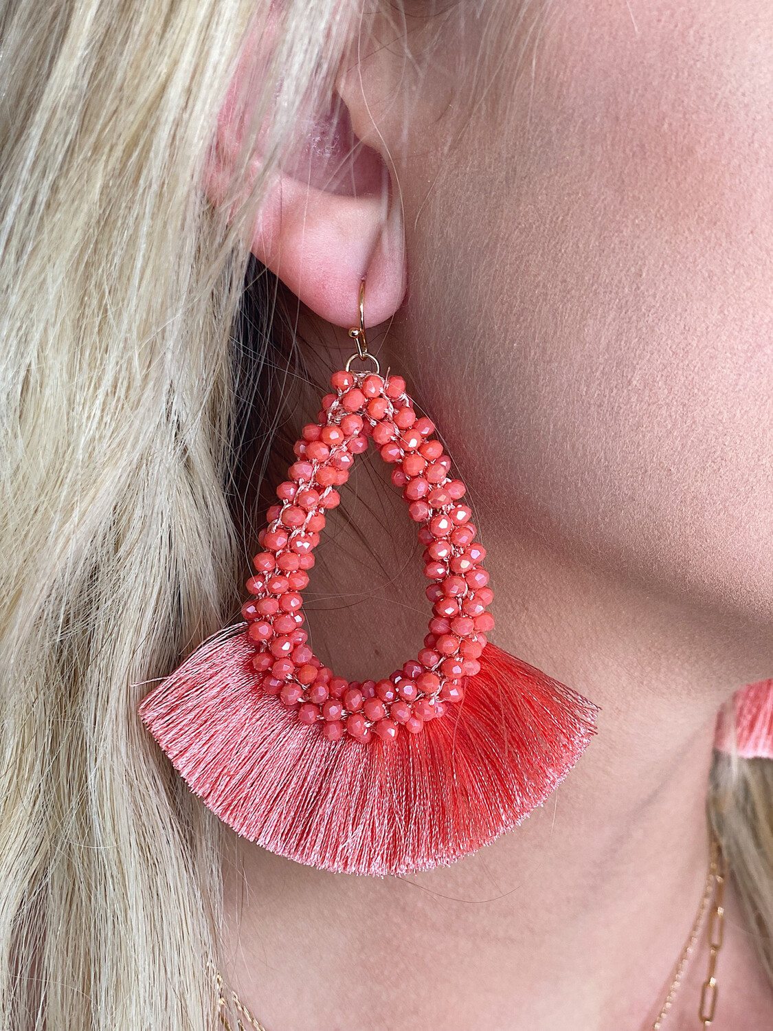 Coral Beaded Tassel Earrings