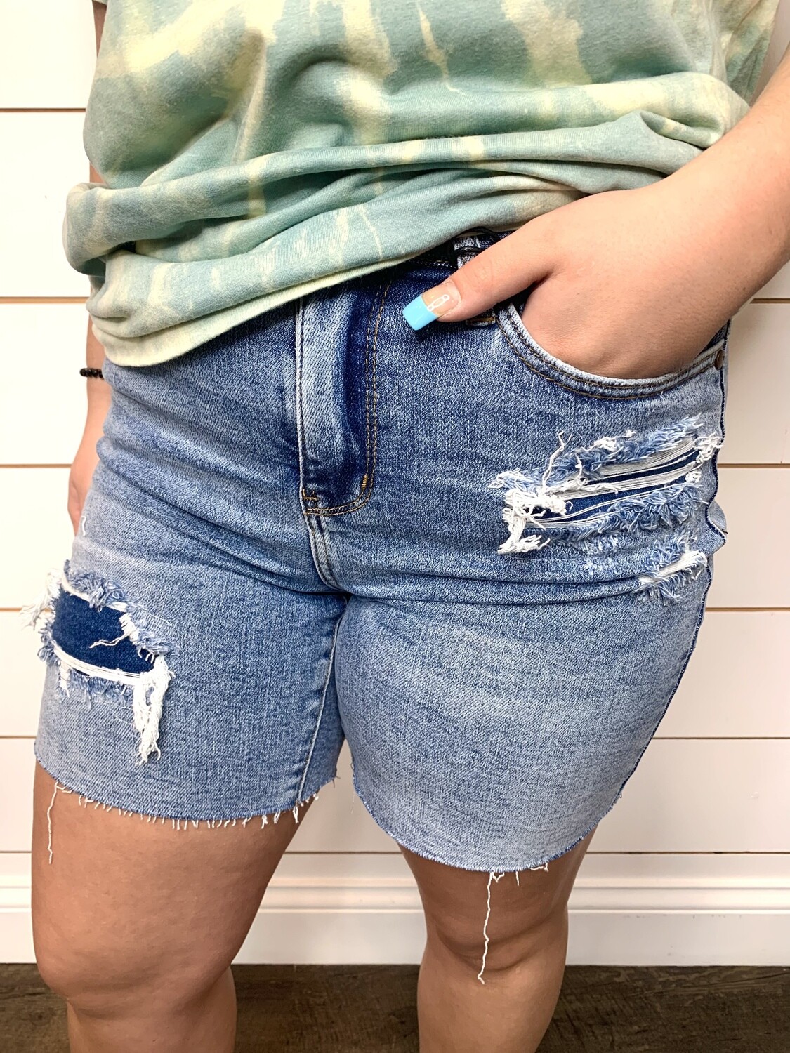 Judy Blue Hi Waist Mid-length Patch Shorts