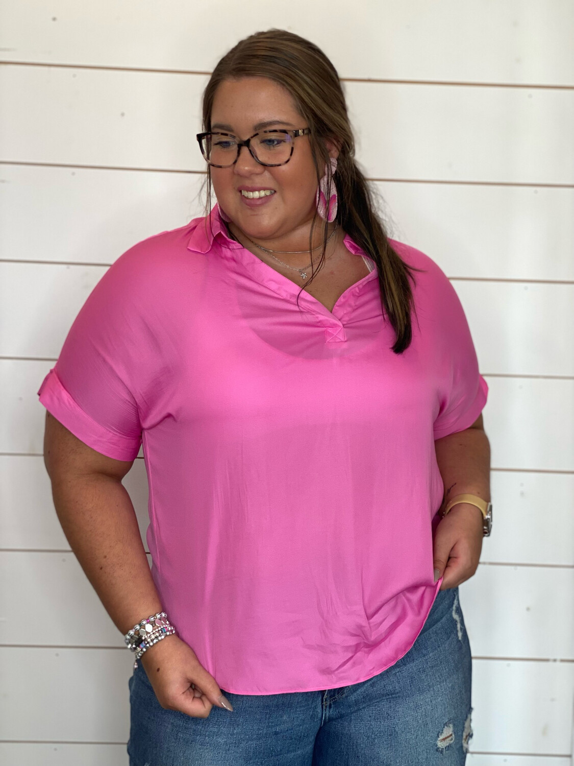 Candy Pink V Neck Collared Blouse