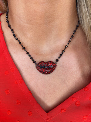 Red Rhinestone Lip Necklace