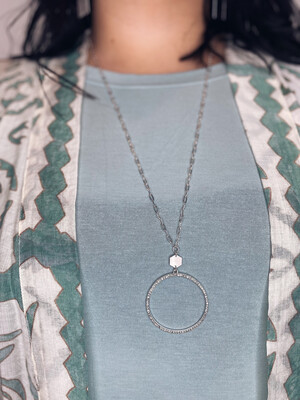 Silver Long Rhinestone Circle Necklace 