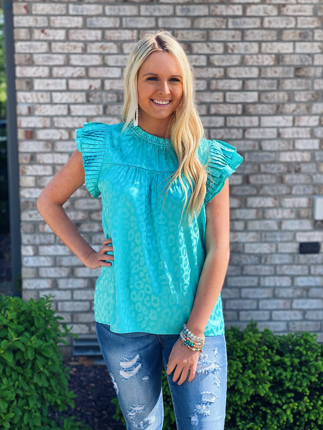 Turquoise Leopard Layered Ruffle Shoulder Tank