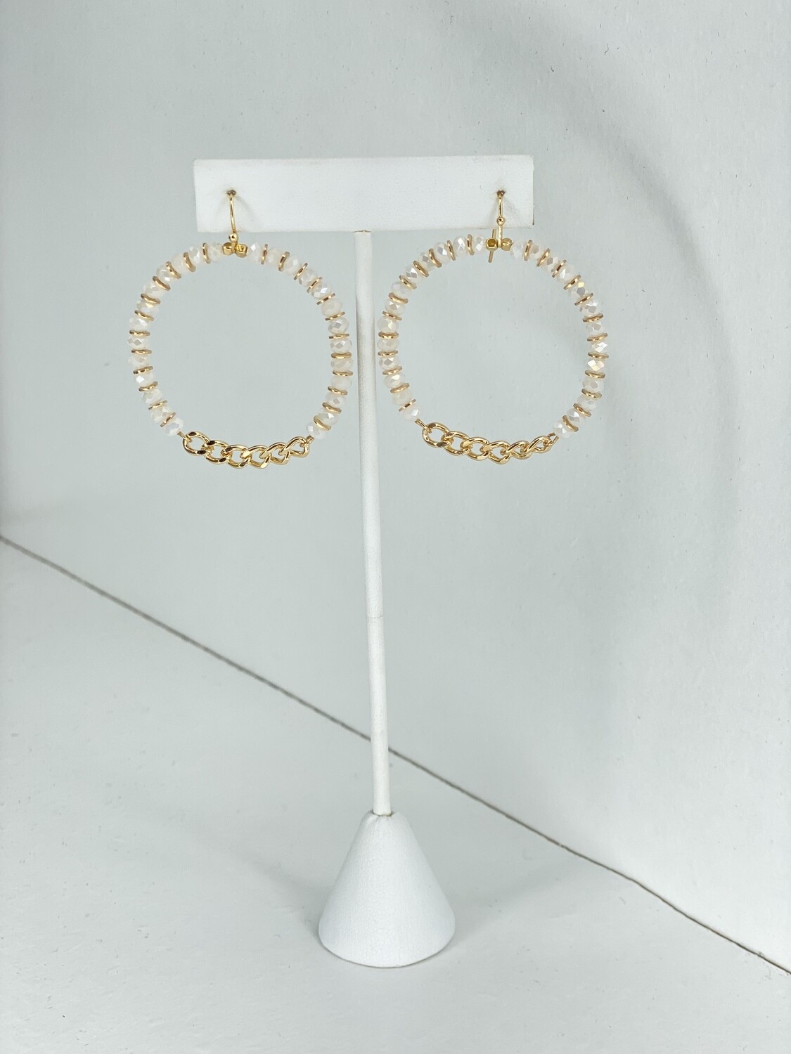 White Beaded Gold Chain Earrings