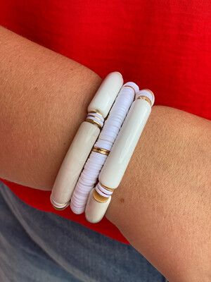 White Acrylic & Rubber Beaded Bracelet Set