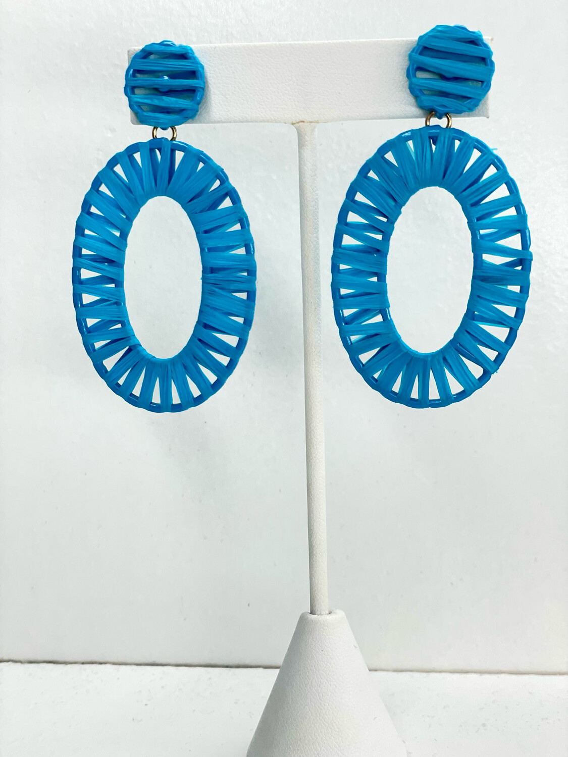 Electric Blue Oval Raffia Earrings 