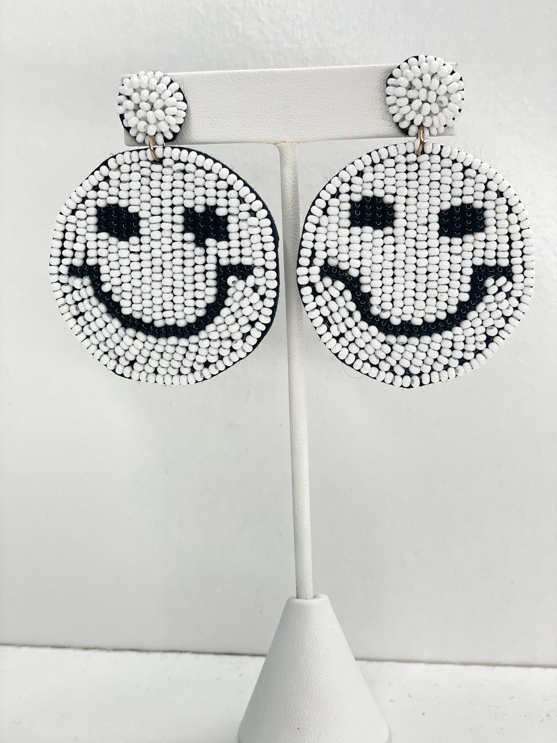 White Beaded Smiley Earrings