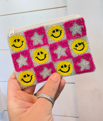 Hot Pink Star & Smiley Beaded Pouch