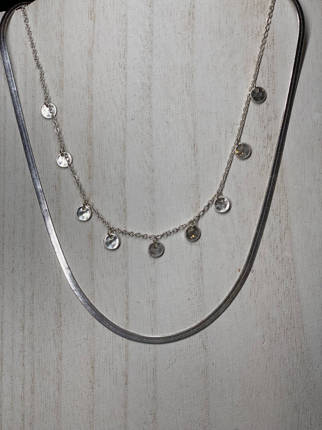Silver Herringbone Layered Disc Necklace 