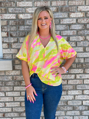 Neon Pink Marble V Neck Blouse