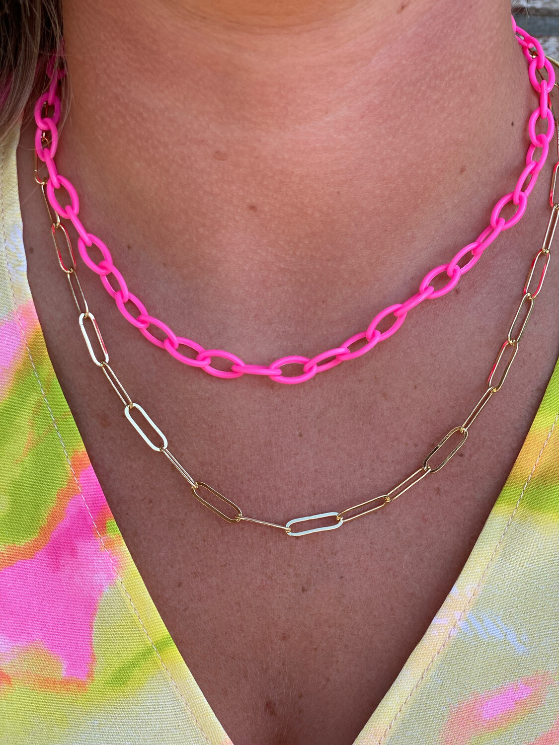 Hot Pink & Gold Layered Chain Necklace