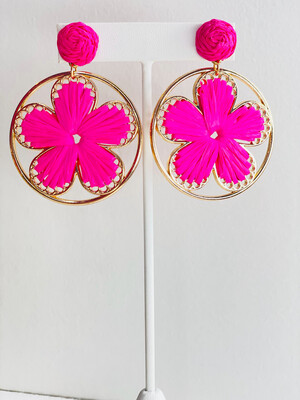 Pink Raffia Flower Earrings 
