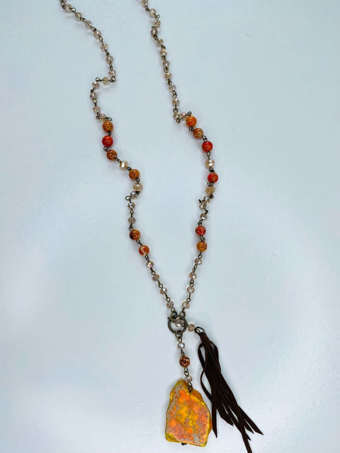 Orange & Brass Mixed Stone Long Necklace