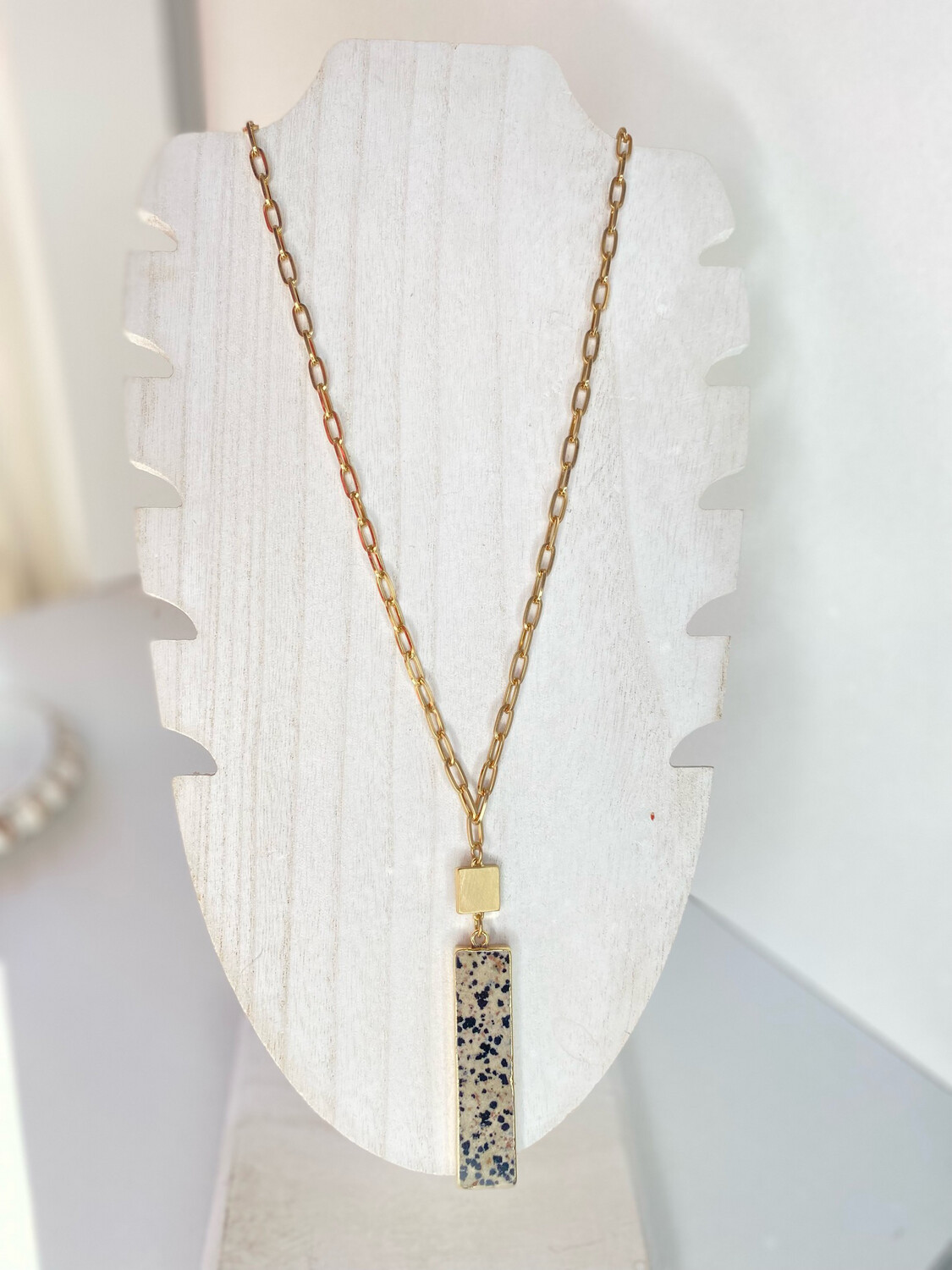 Tan Dalmatian Stone Gold Long Chain Necklace