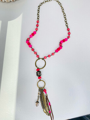 Hot Pink & Brass Mixed Long Necklace