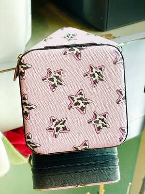 Pink Cow Print Star Travel Jewelry Case