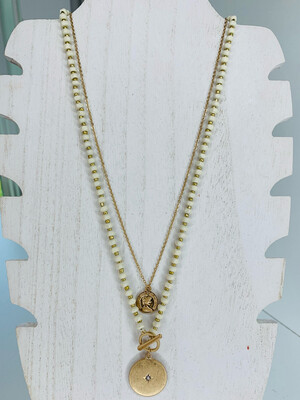 Ivory Wood Beaded Gold Layered Necklace 