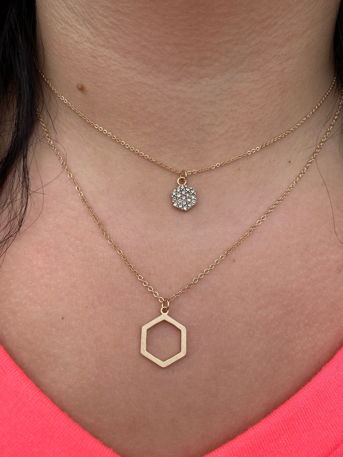 Layered Rhinestone Hexagon Gold Necklace
