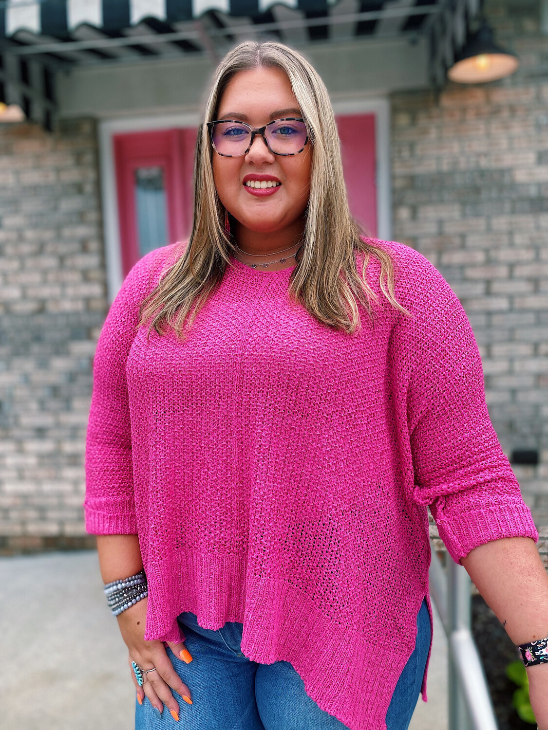 Plus Hot Pink Loose Fit Knitted Sweater
