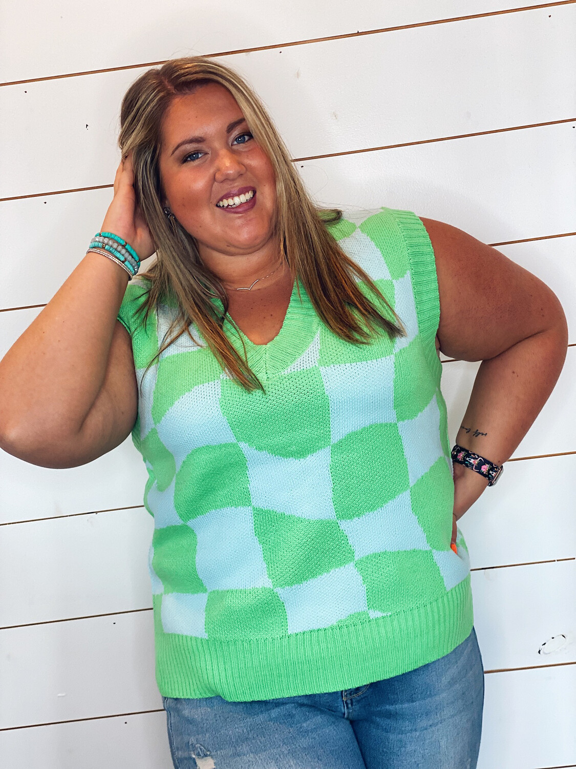 Lime Green Checkered Sweater Vest