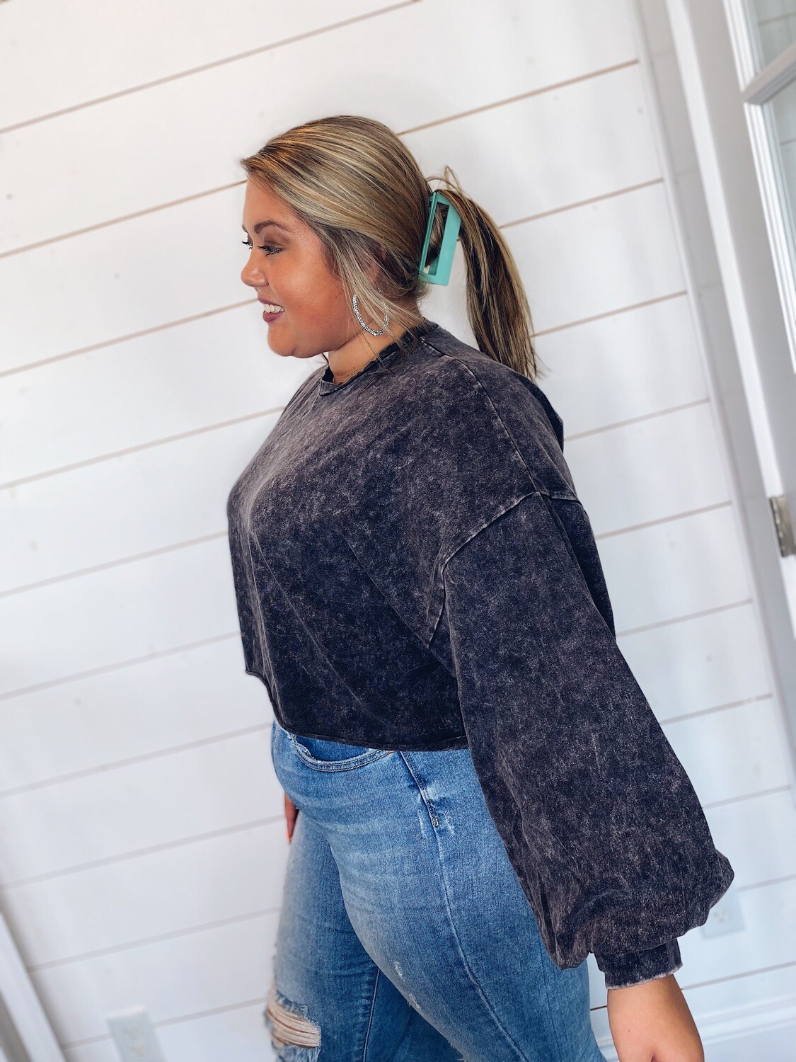 Charcoal Acid Wash Cropped Long Sleeve Top