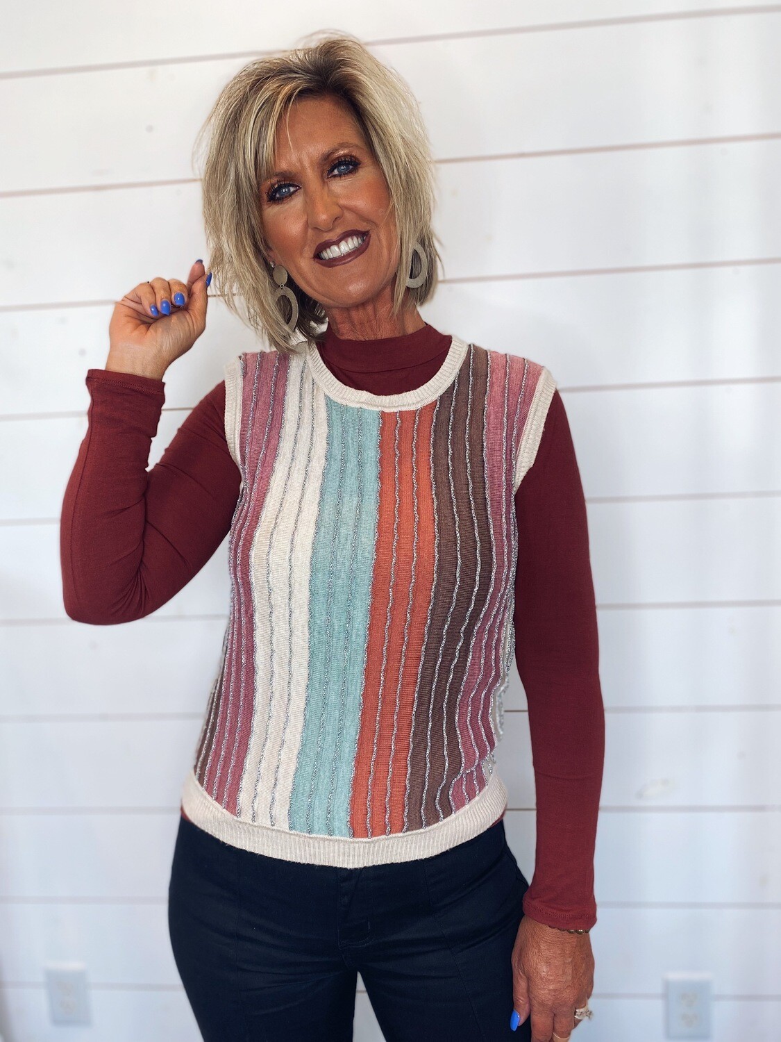 Multi Colored Silver Stripe Sweater Vest
