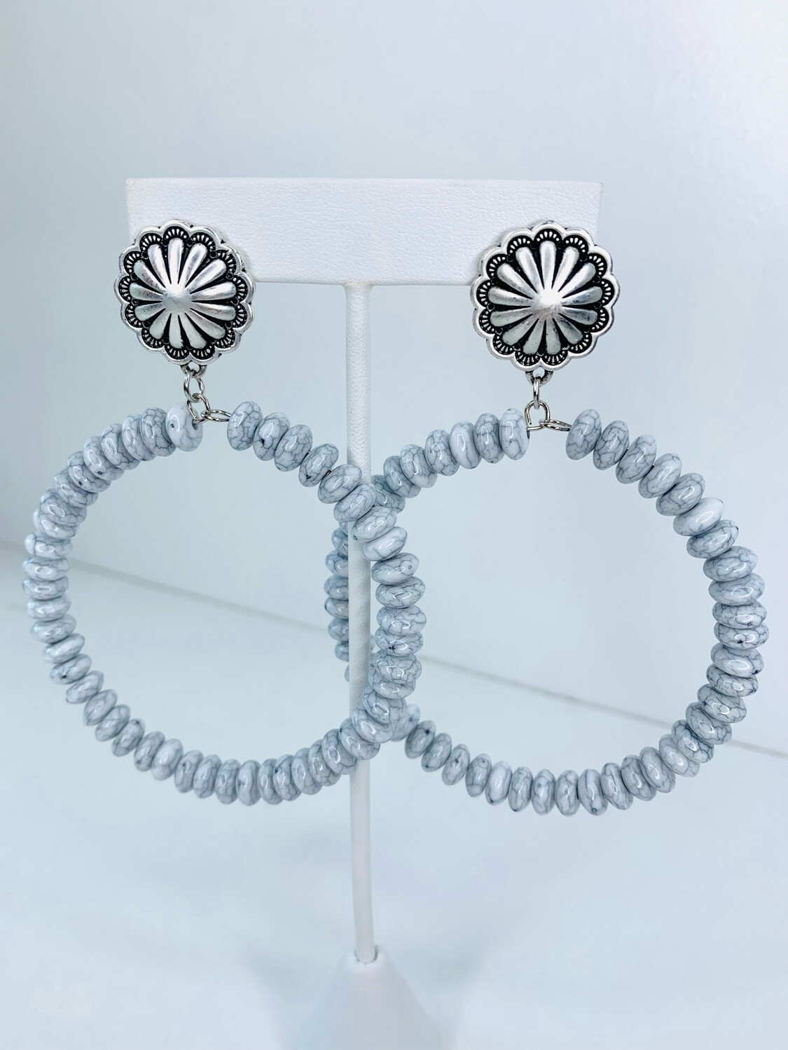White Beaded Concho Post Earrings 