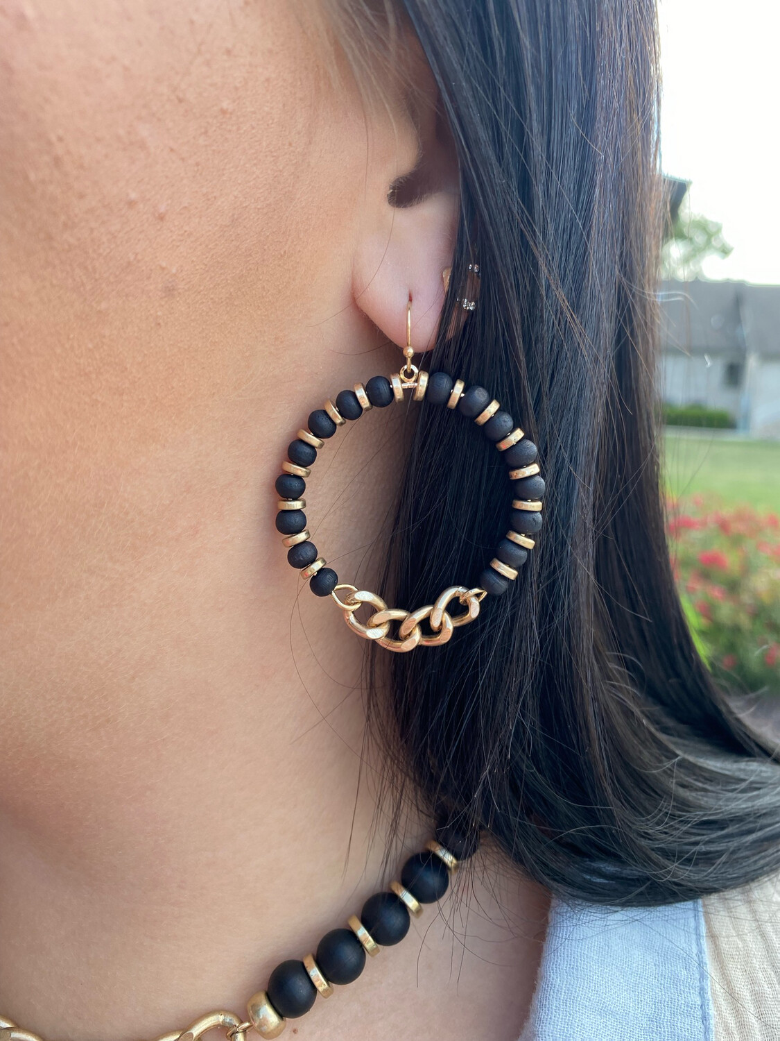 Black Wood Beaded Chain Link Earrings
