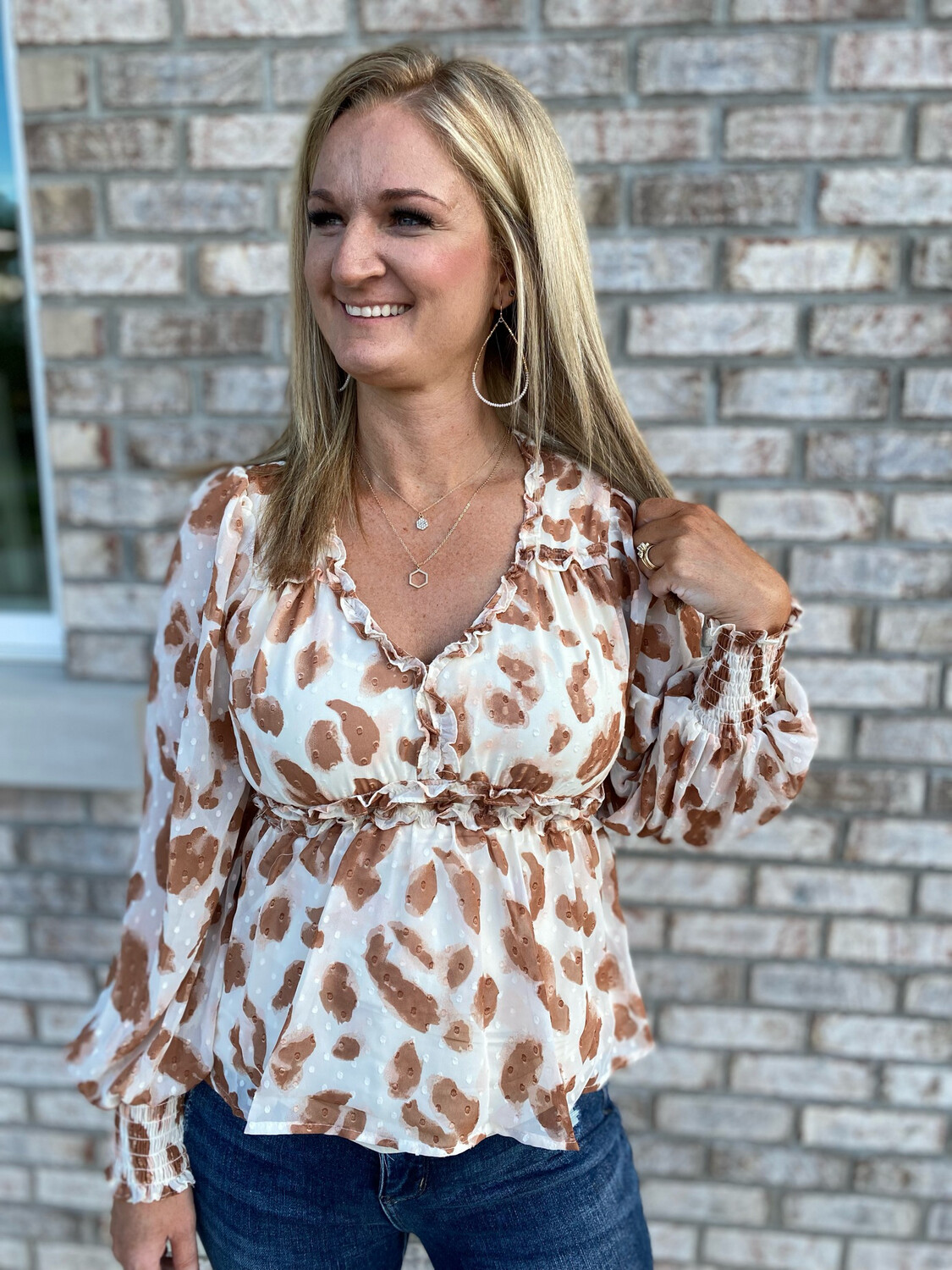 Ivory Animal Print Cinched Waist Blouse