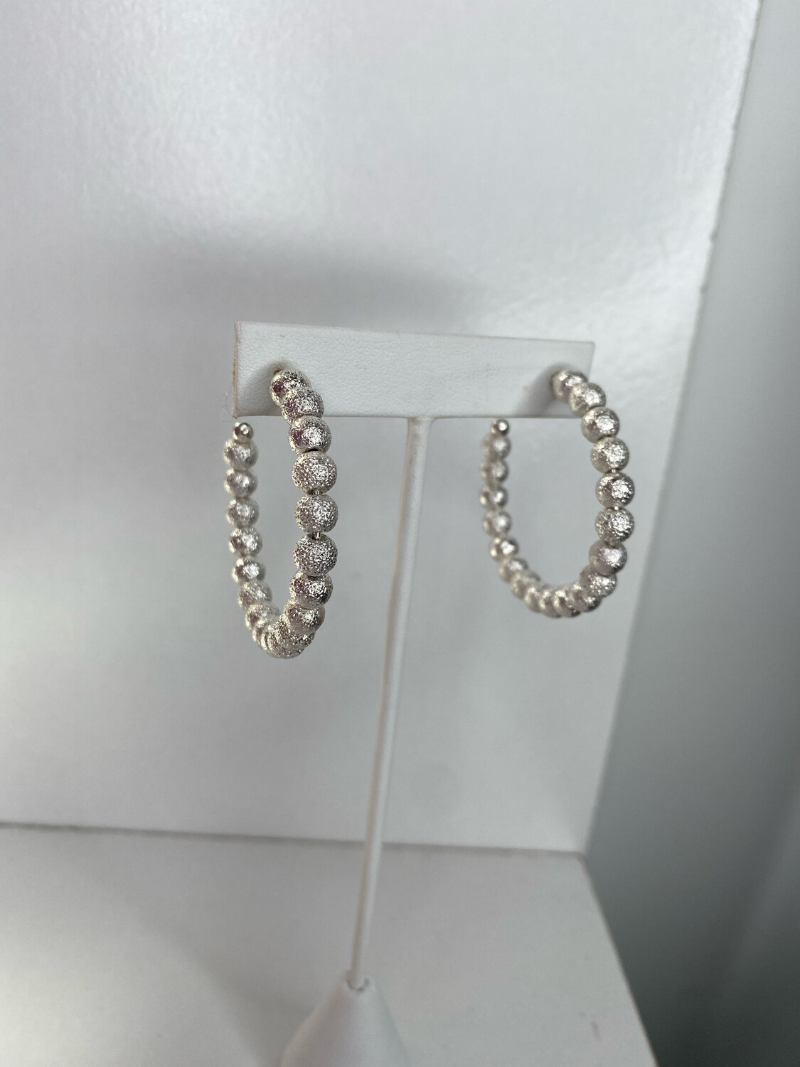 Silver Textured Bead Hoop Earrings