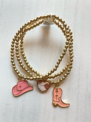 Pink Hat + Cowhide Heart + Boot Bracelet Set