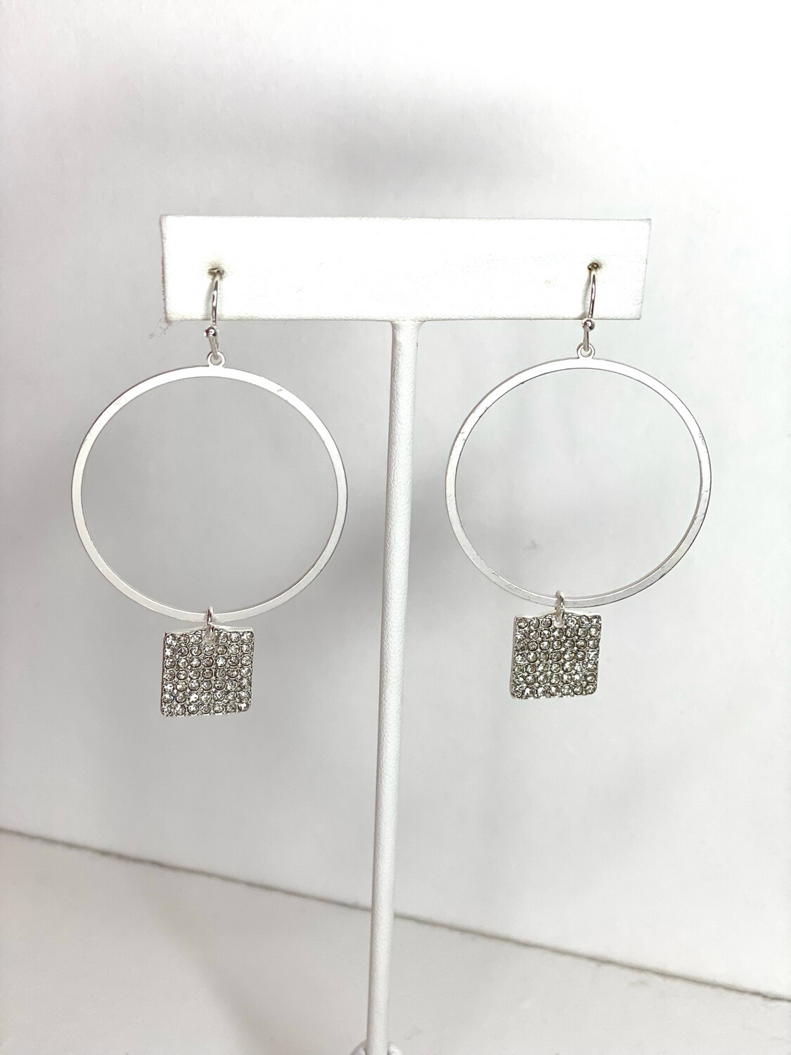 Silver Circle & Rhinestone Charm Earrings