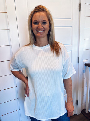 White Ribbed Round Neck Top