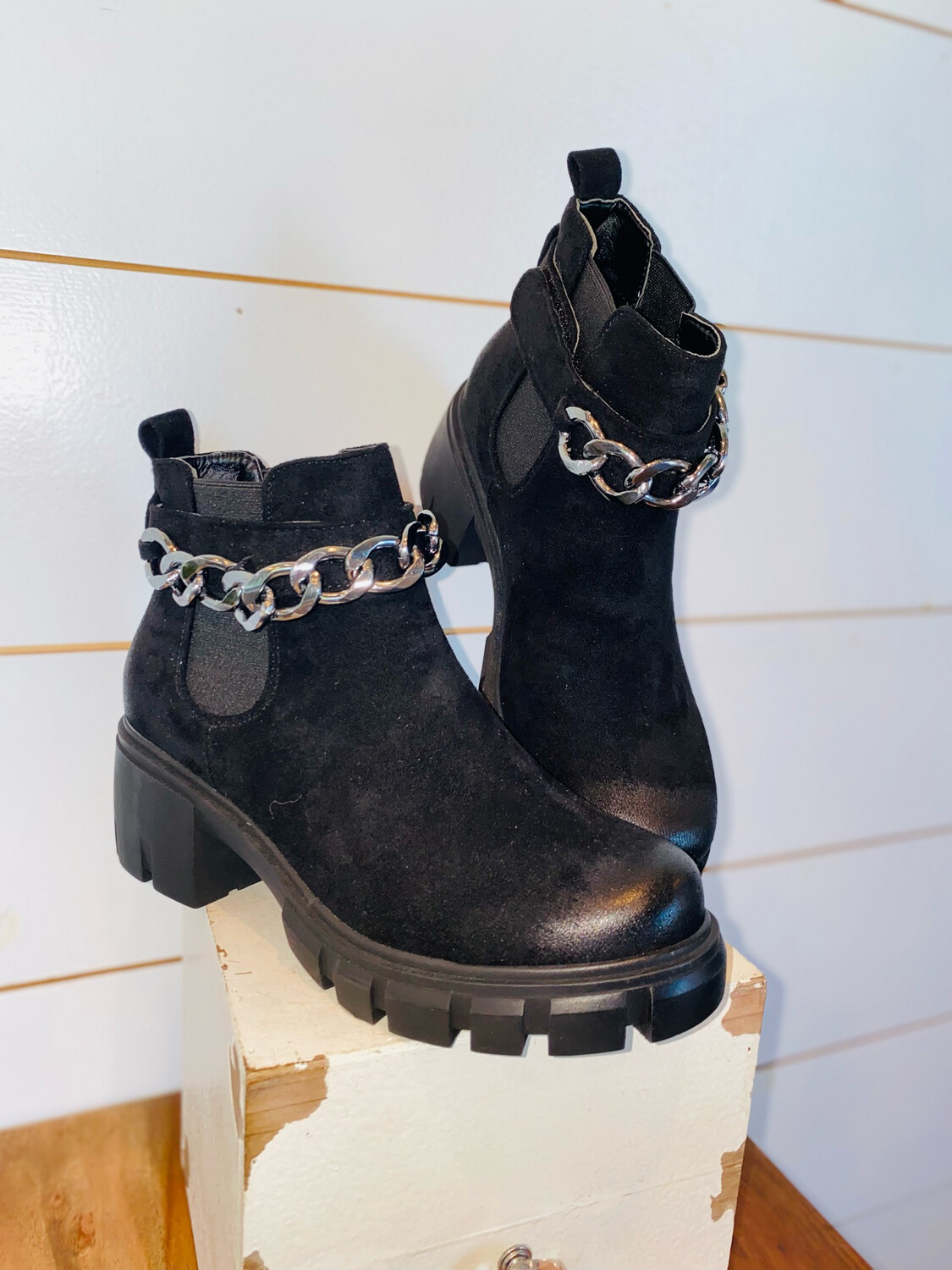 Black Suede Camden Booties With Removable Chain