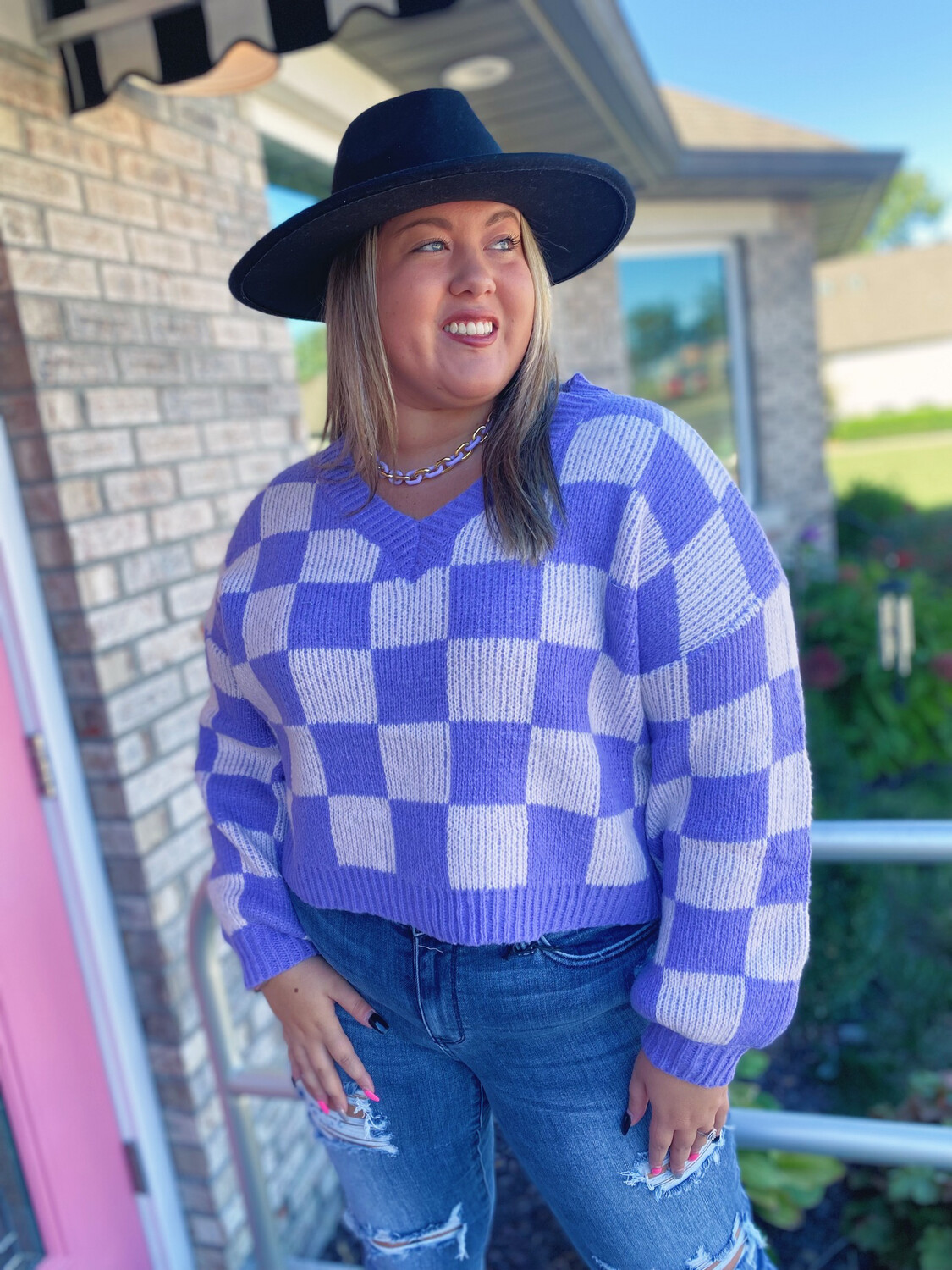 Periwinkle Checkered V Neck Sweater