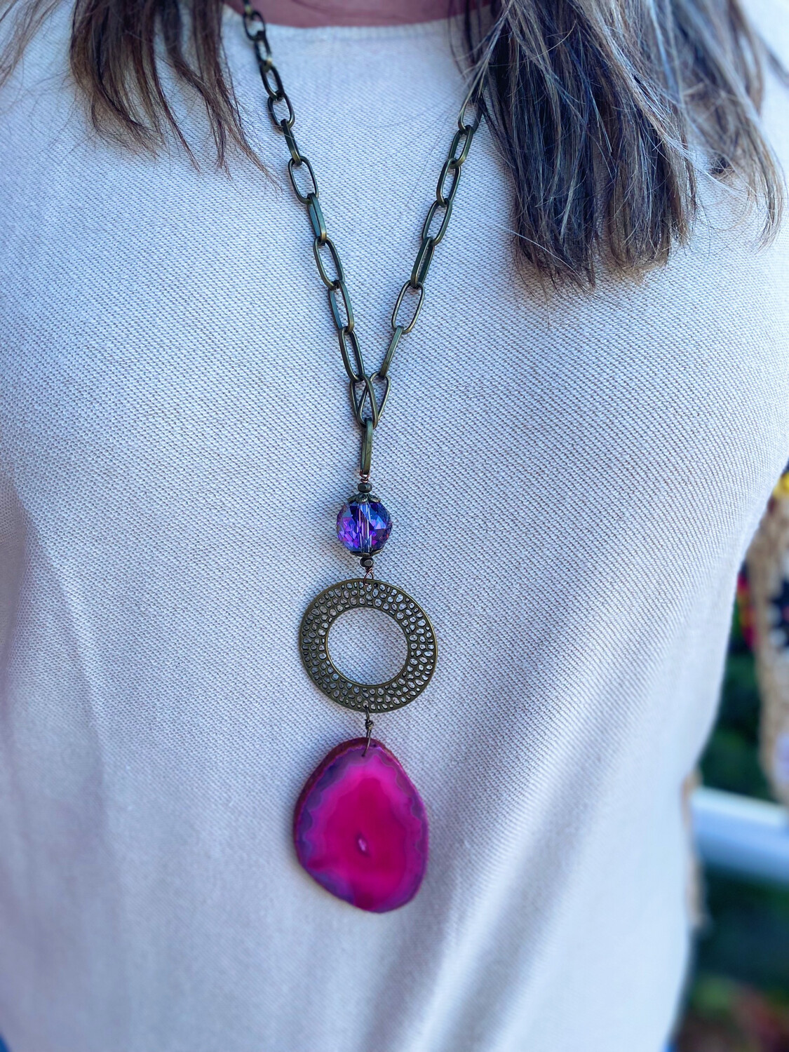Hot Pink Stone Slab Necklace 