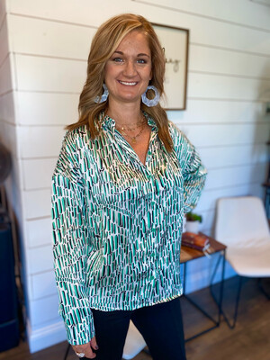 Green Abstract Print Button Up Blouse