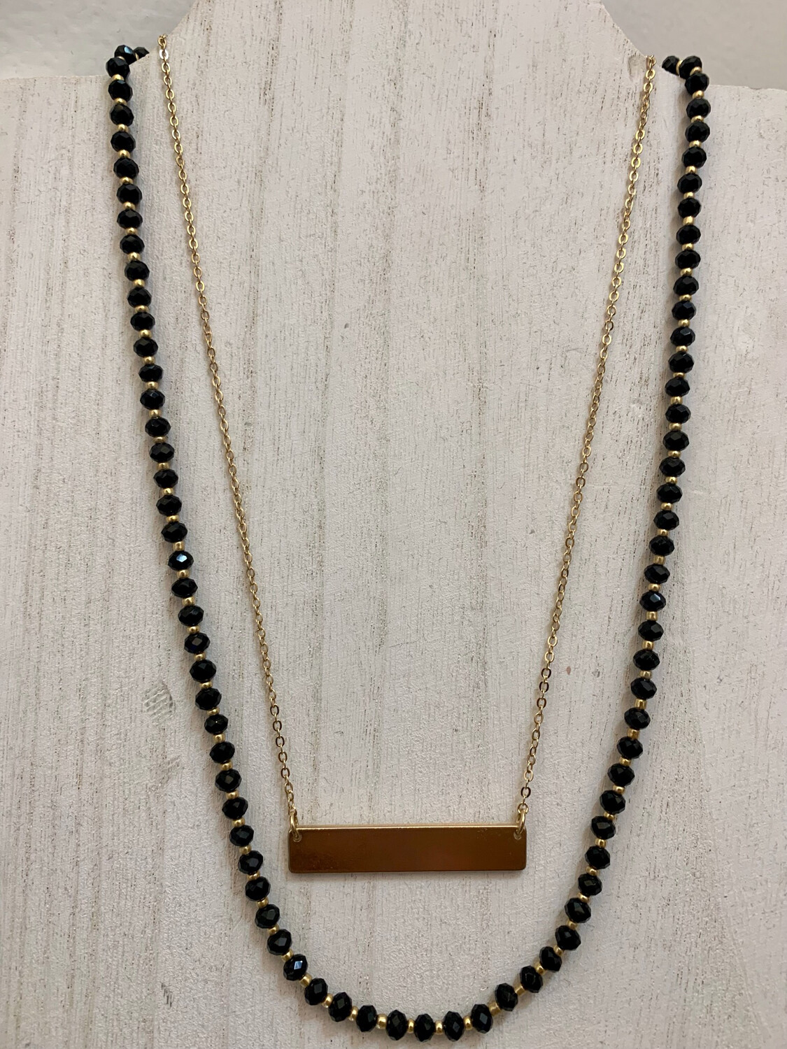 Black Beaded 2 Layer Gold Bar Necklace
