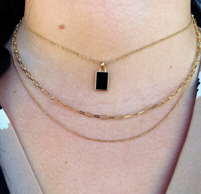 Gold Dainty 3 Layer Black Stone Necklace