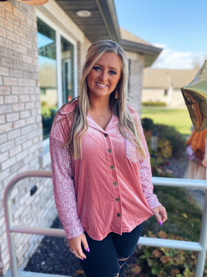Light Pink Velvet Button Down With Sequins