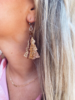 Rose Gold Glitter Dimensional Tree Earrings 