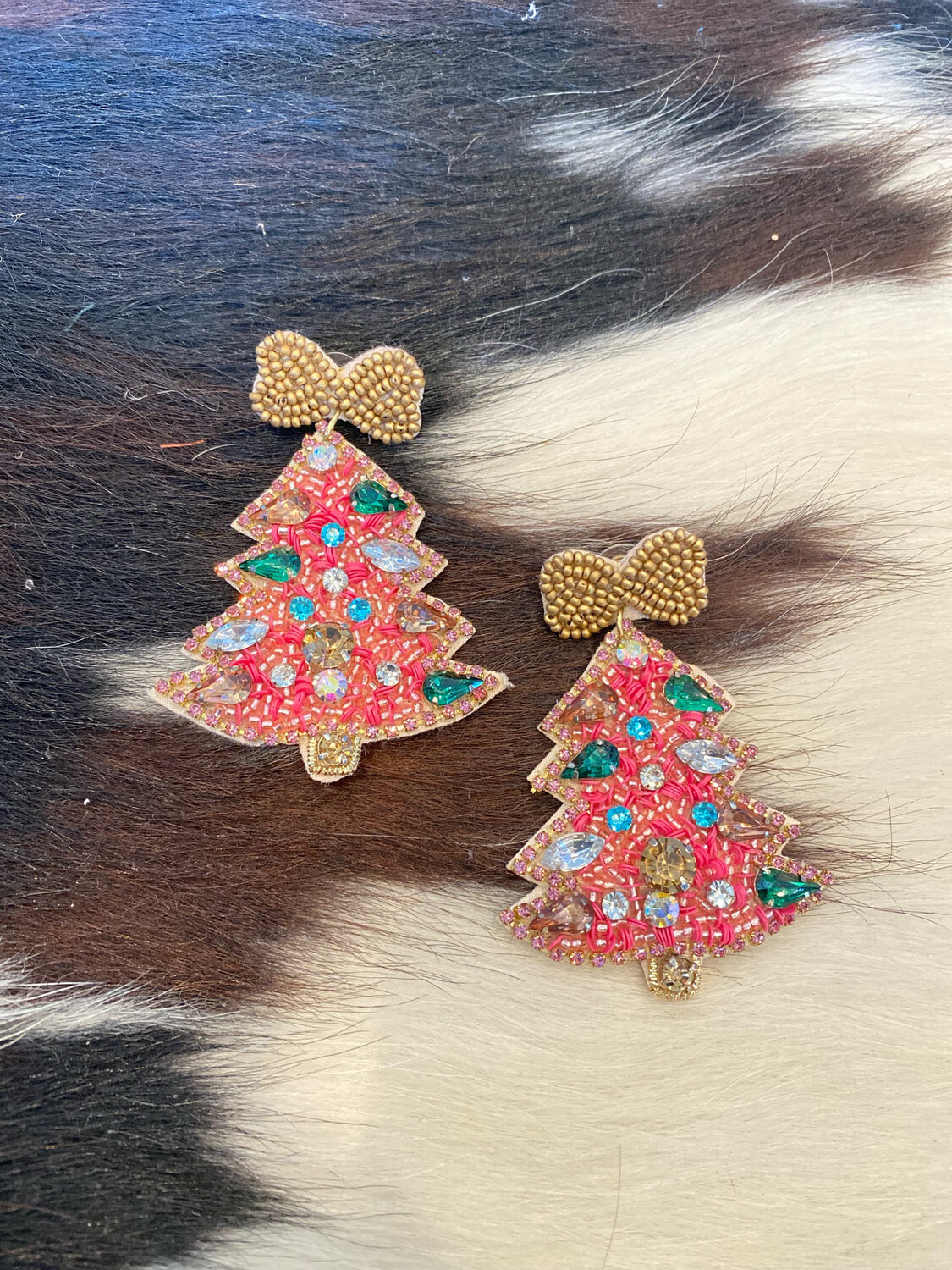 Pink Jeweled Christmas Tree Earrings