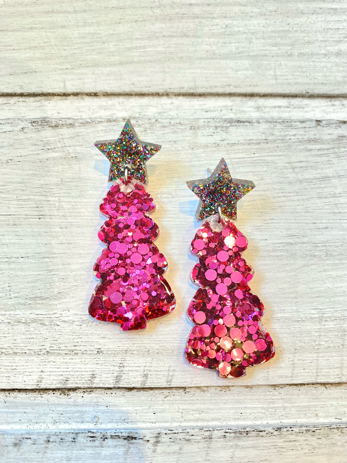Hot Pink Glitter Tree Earrings