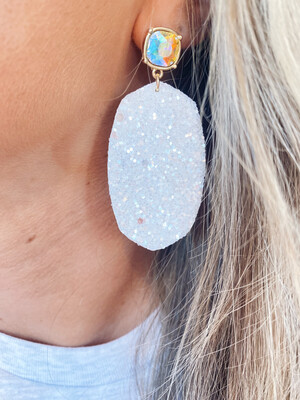 White Glitter Gem Post Earrings