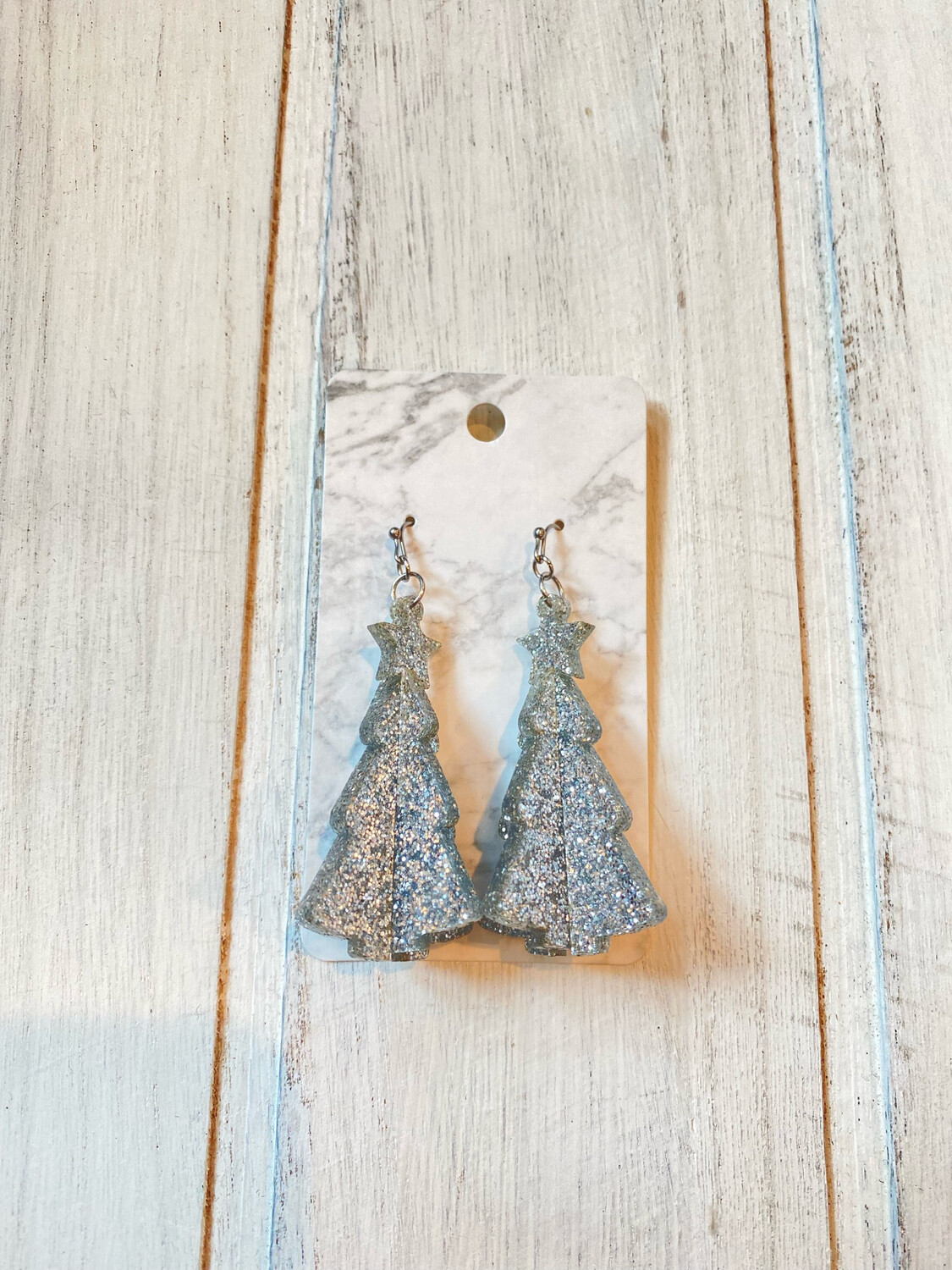 Silver Glitter Dimensional Tree Earrings 