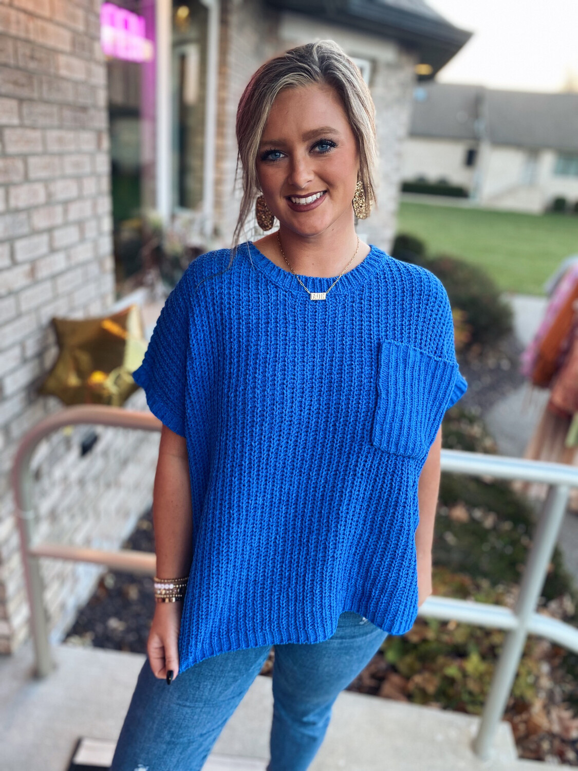 Royal Blue Chenille Knit Short Sleeve Sweater