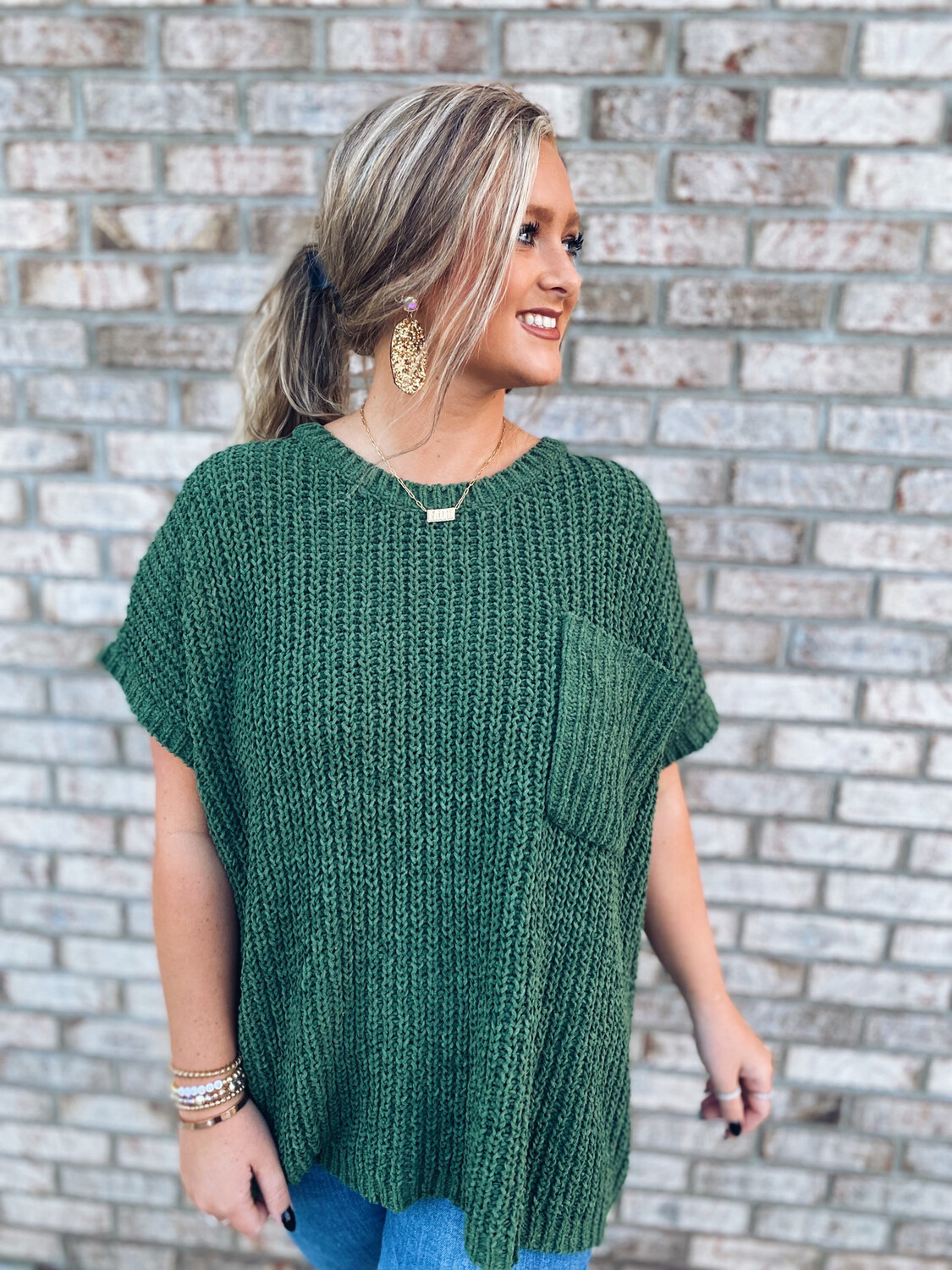 Olive Chenille Knit Short Sleeve Sweater